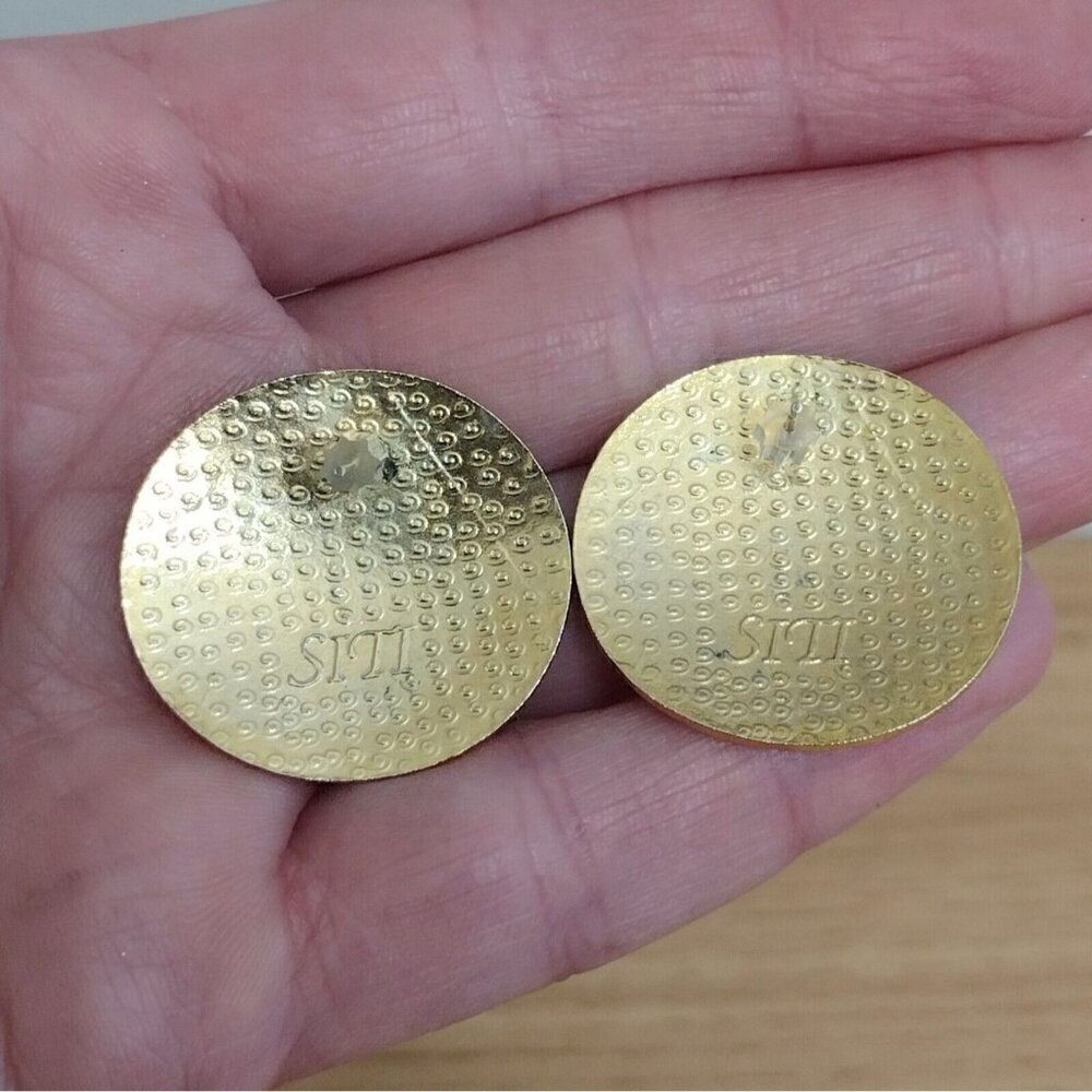 Vintage Signed SITI Cloisonne Enamel Round Earrings Blue Gold 90s Geometric - Picture 2 of 4